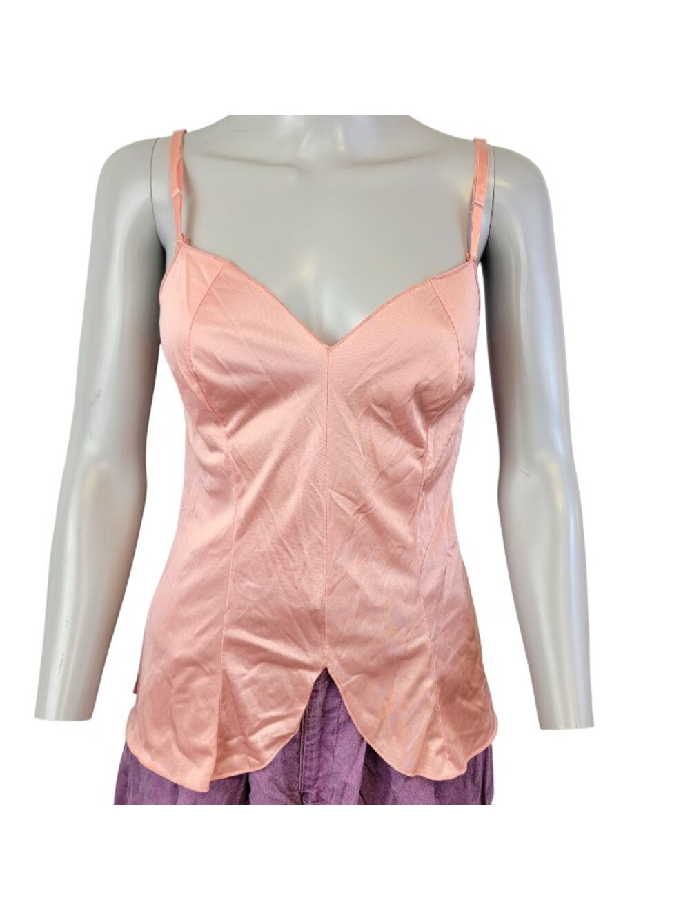 Vintage 70s Nylon Cami Shirt Women Small Pink Tank Top Spaghetti Strap 4 6 Soft